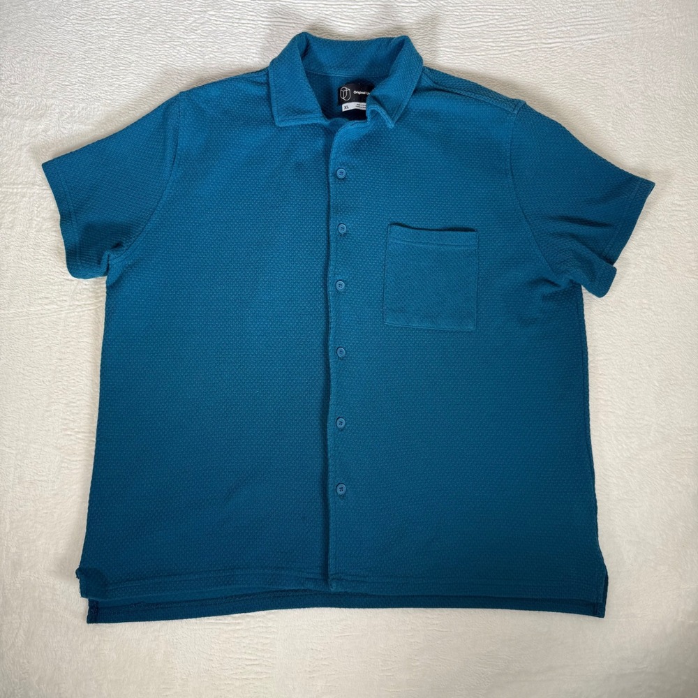 Original Use Men's Dark Teal Waffle Knit Short Sleeve Button Down Shirt retro XL